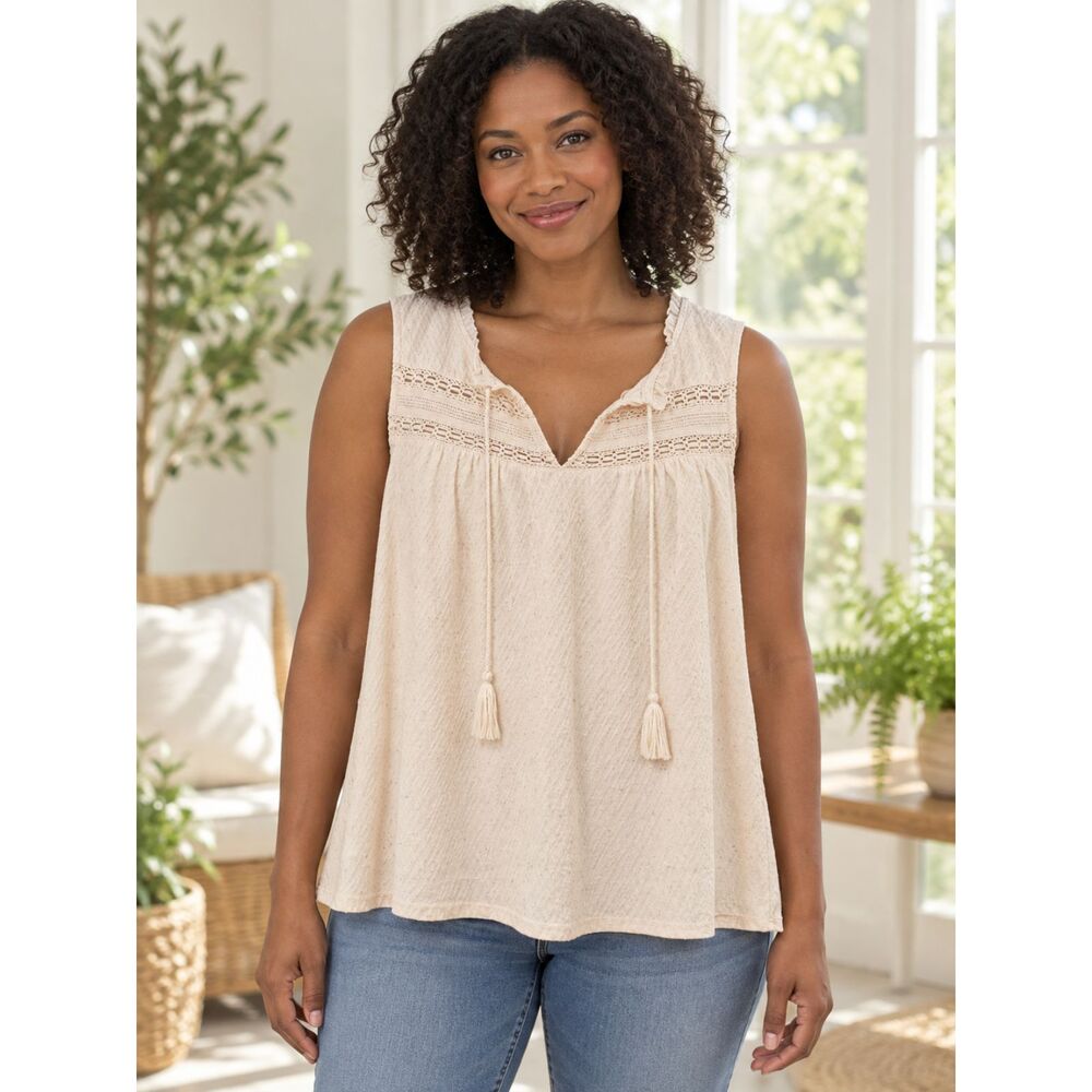 Cable & Gauge Cream Sleeveless Blouse with Tassels